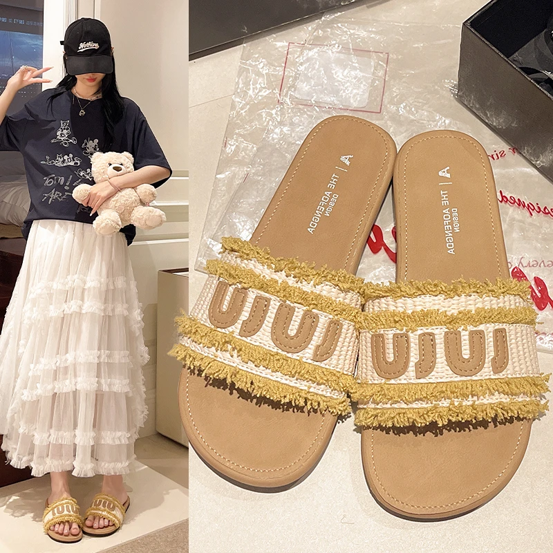 【时尚】夏季平底休闲拖仙女风一字拖小香风珍珠拖鞋女外穿防滑外穿