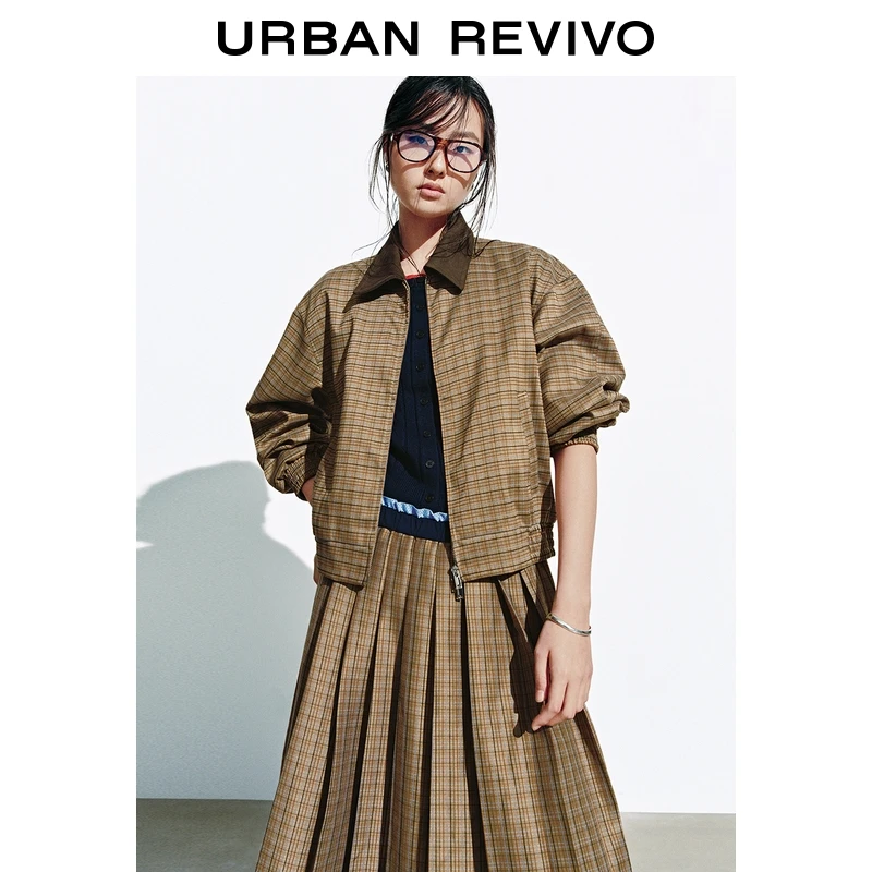 UR2025秋季新款女装琥珀流光风撞色翻领格纹外套UYL150133