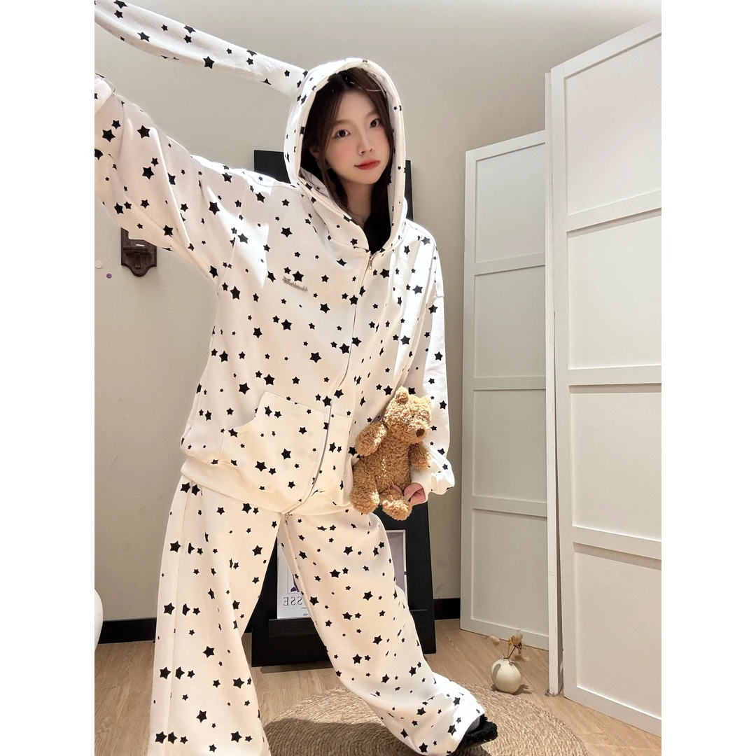 韩系可爱兔耳连帽睡衣女夏季2025款设计感小众甜美星星家居服套装