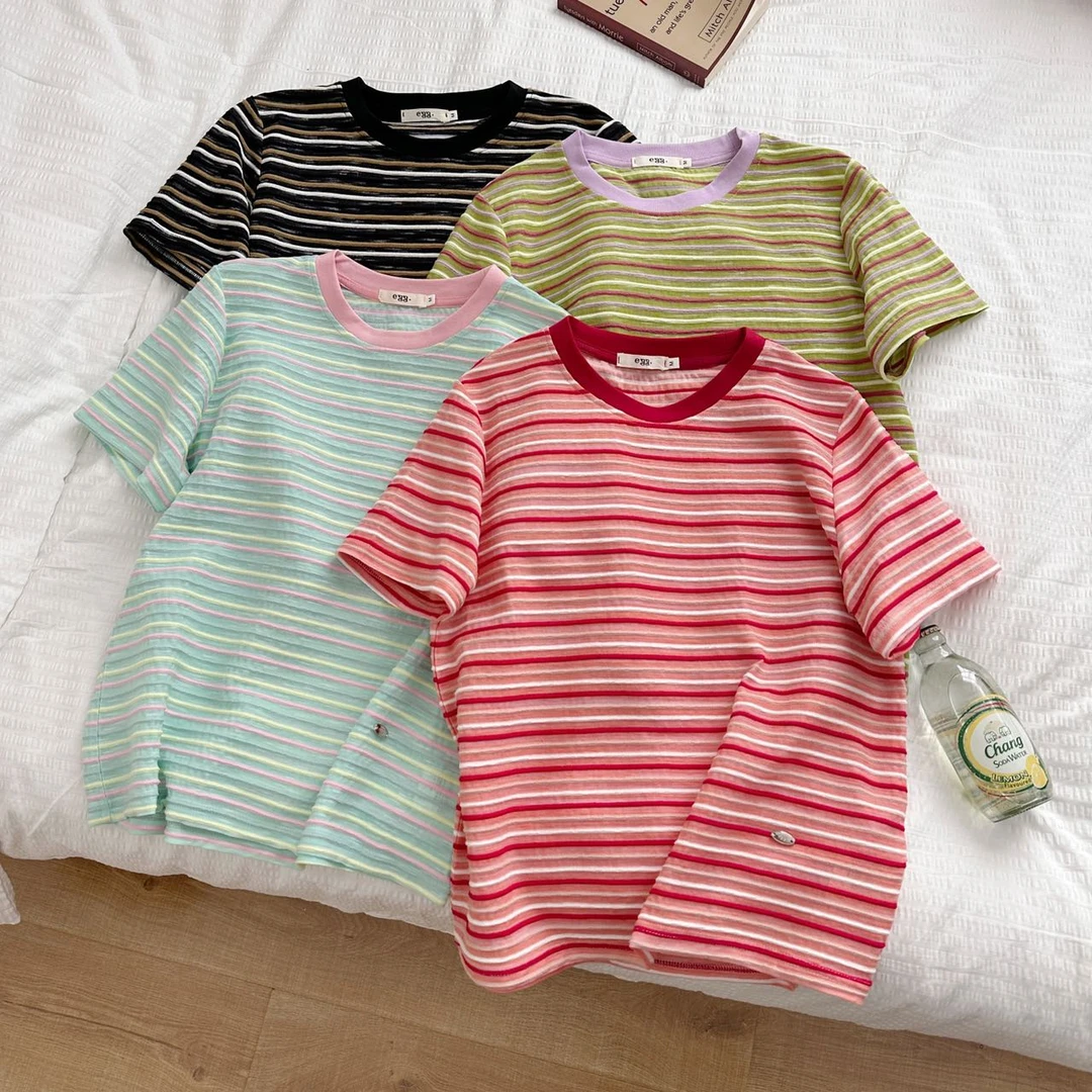 短袖条纹抗起球慵懒短袖T恤半袖韩版圆领打底A7215