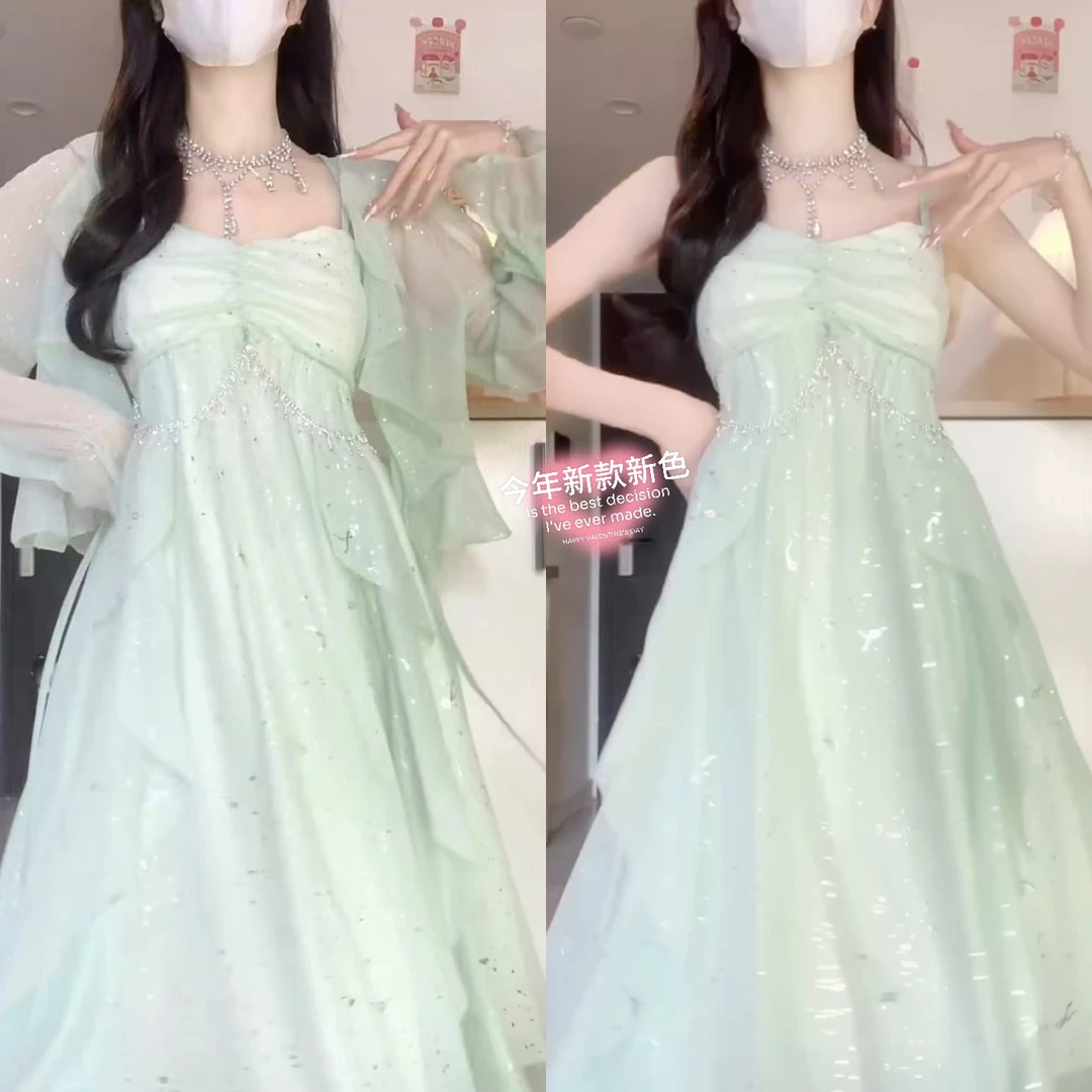 2025春季新款法式时尚灰蓝色晕染仙气蝴蝶烫金荷叶边长袖气质连衣