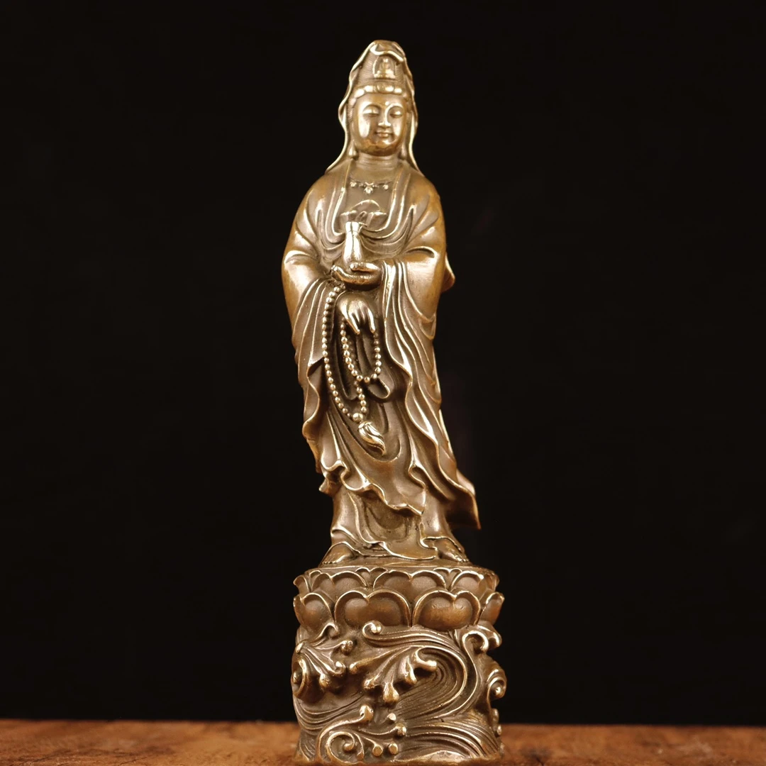 纯铜精品仿古站莲花踏浪观音小号高21cm大号高29.5cm摆件