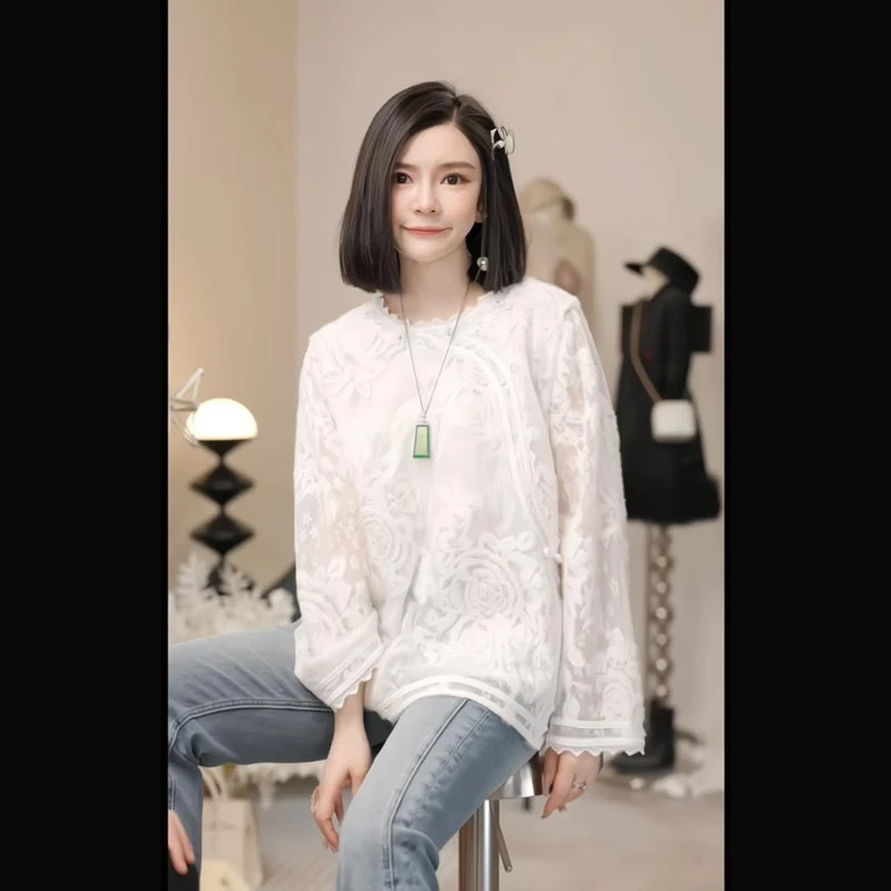 25春新款纯欲风蕾丝长袖镂空设计感洋气个性时尚百搭玫瑰提花上衣