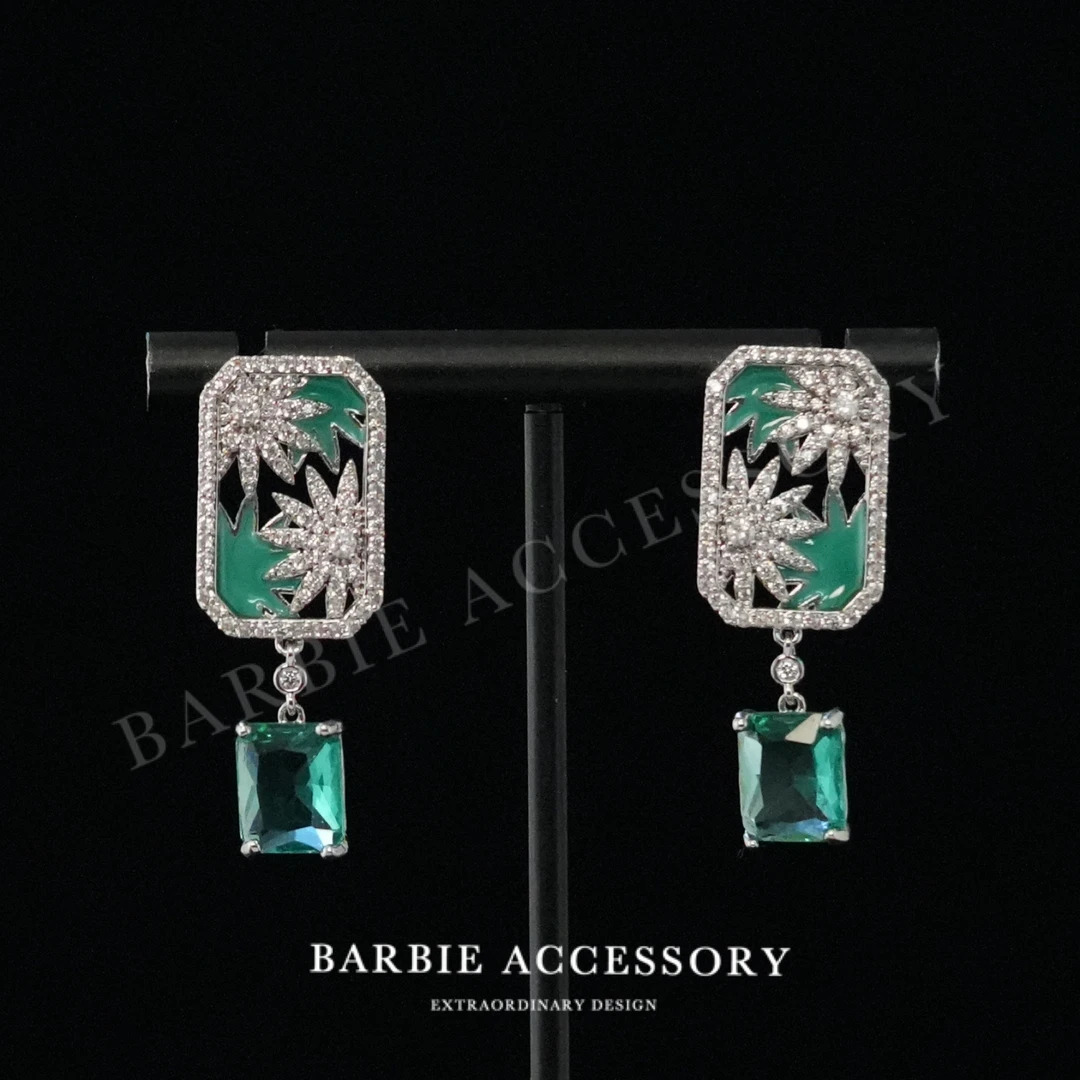 铜合金合成锆石耳饰 【绿柔花庭】法式时尚设计高级感百搭绝美耳钉