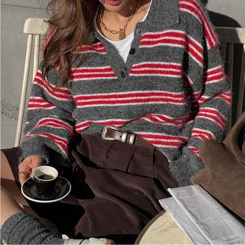 韩式chic2025年冬季新款复古气质条纹撞色毛衣宽松显瘦针织衫女装