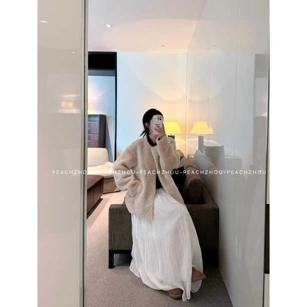 『PEACHZHOU』100羊毛宽松圆领休闲气质高级感外套