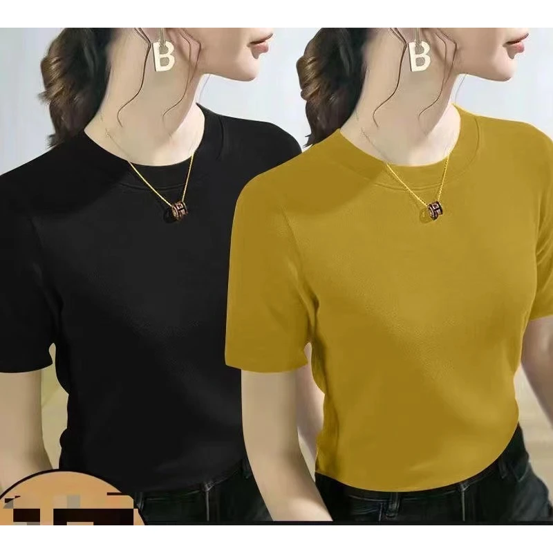 【正品保证】-减龄洋气时尚百搭夏春秋季夏纯色中袖打底衫气质5分袖