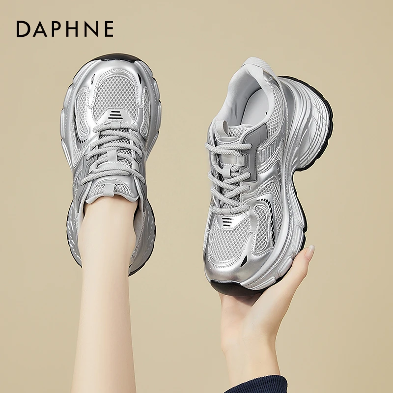 达芙妮7CM厚底银色老爹鞋女款2025夏季新款运动休闲鞋松糕小白鞋