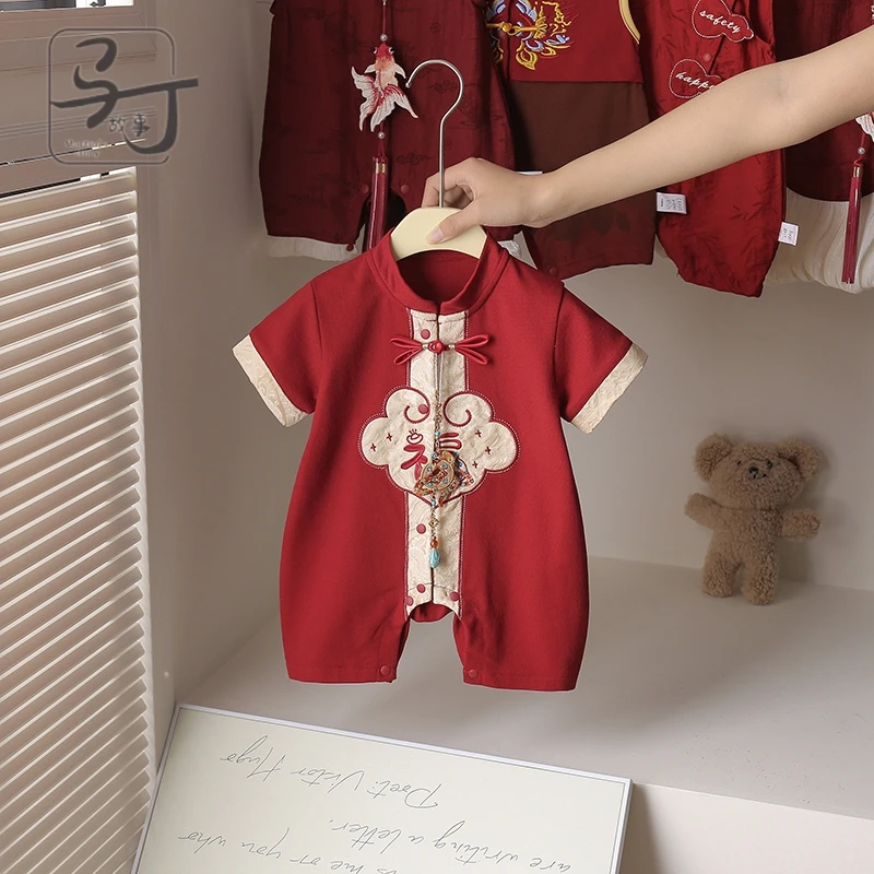 百天婴儿衣服夏装连体衣满月宝宝夏季薄款国风抓周岁礼服外出哈衣