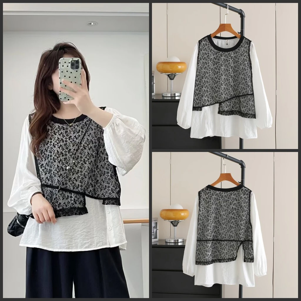 梦冬佳--110-200斤大码女装胖mm秋装蕾丝假两件宽松显瘦长袖衬衫