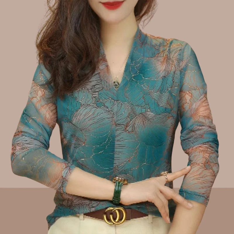 秋季时尚新款双层肌肤网纱高级时尚百搭显瘦透气减龄印花长袖小衫