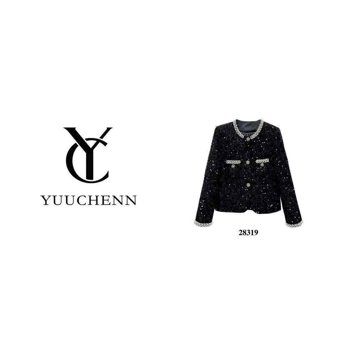 YUUCHENN   时尚名媛贵气重工钉珠黑金玫瑰小香风外套 28319