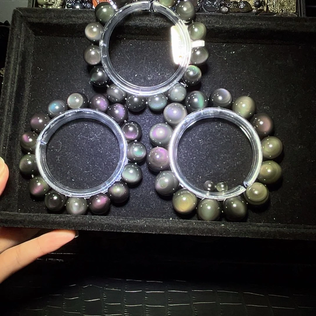 合金黑曜岩手链白**卧彩曜石14m两条➕16m一条➕2散珠