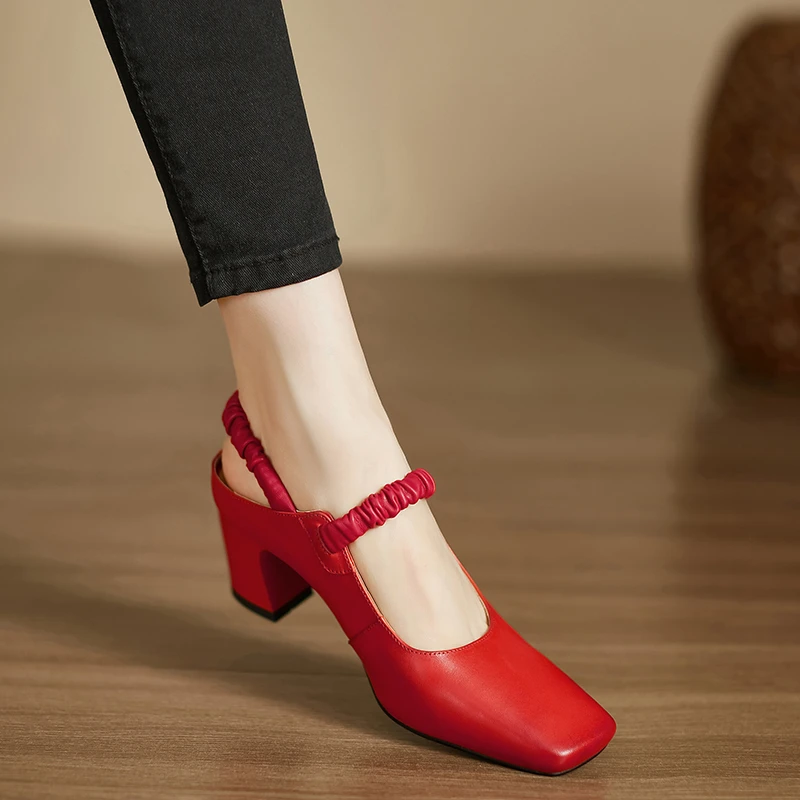 小个子手工女鞋6cm~复古方头后空凉鞋不累脚粗跟妈妈鞋气质高跟鞋