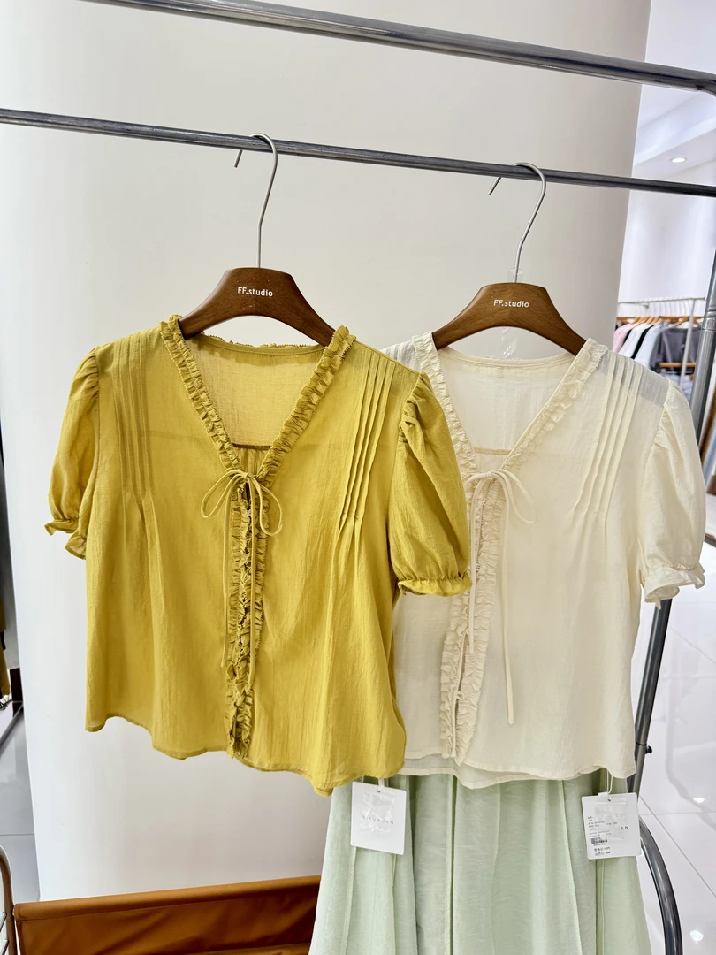 薄款V领木耳边风琴褶上衣小衫90-130#8938