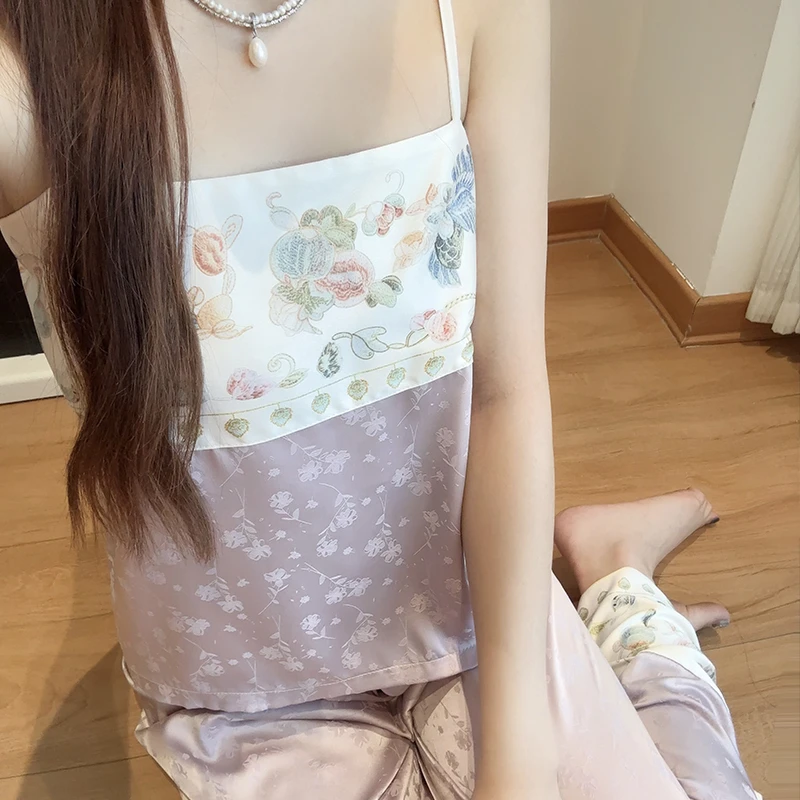 国风新中式汉服抹胸吊带睡衣女夏季冰丝背心长裤宫廷民族风家居服