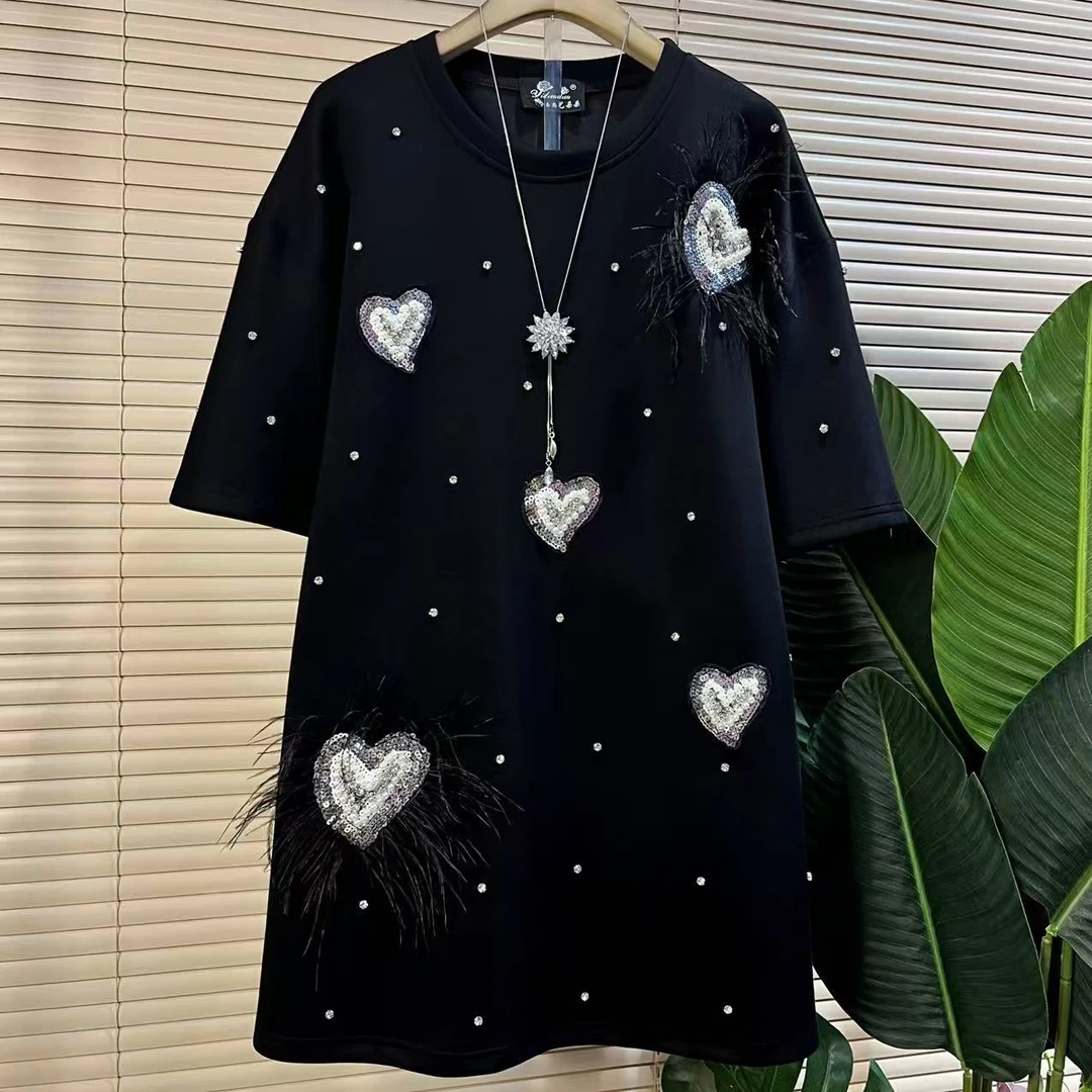 Y胖mm欧货时尚新款重工爱心羽毛设计款洋气宽松大衫