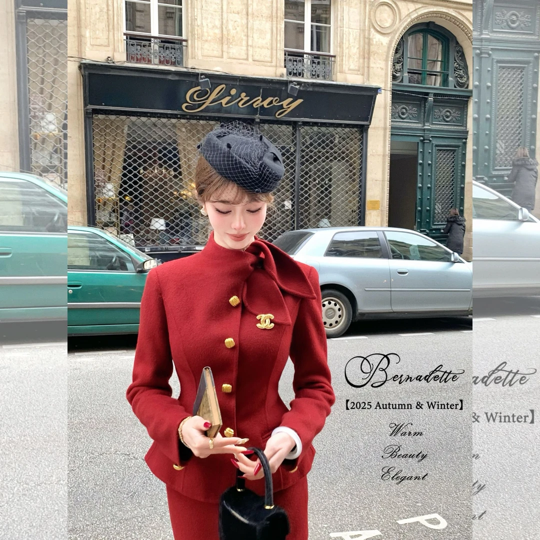 千子小姐【勃艮第】 vintage秋冬红色新年复古羊毛双面呢显瘦套装