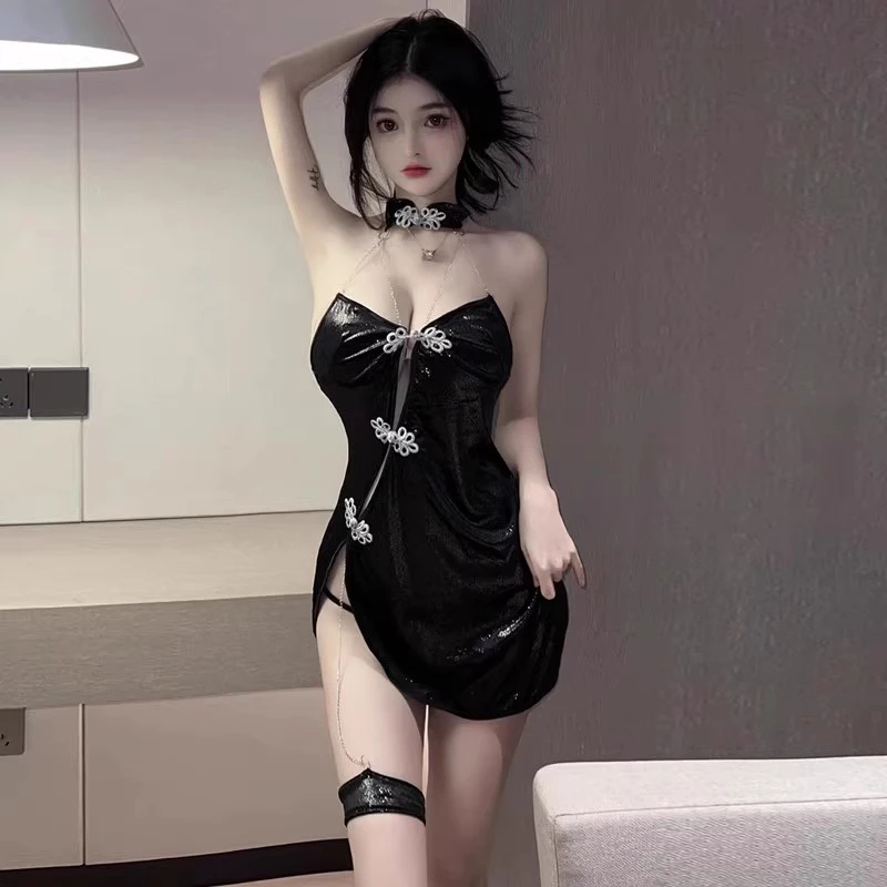性感链条闪亮旗袍式睡裙显瘦气质复古黑色