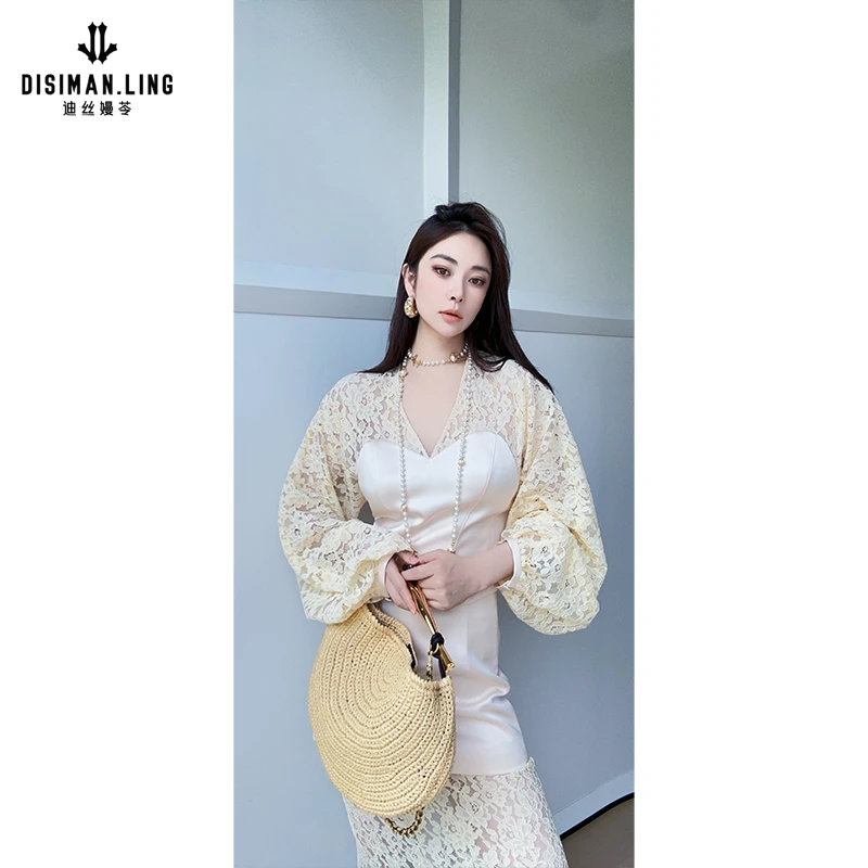 迪丝嫚苓蕾丝套装显瘦气质长袖网红时尚复古小众设计修身原创设计
