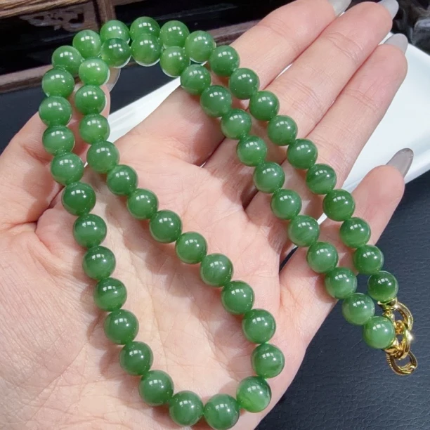 【伟伟鉴定】和田玉碧玉 猫眼 圆珠 妈妈链项链 8+时尚精品百搭