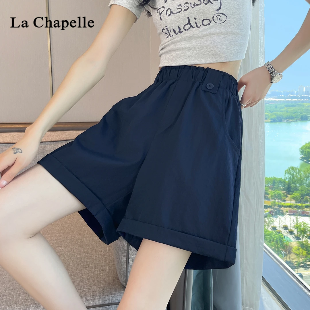 拉夏贝尔藏蓝色冰丝短裤女夏季2025新款高腰宽松显瘦a字阔腿热裤