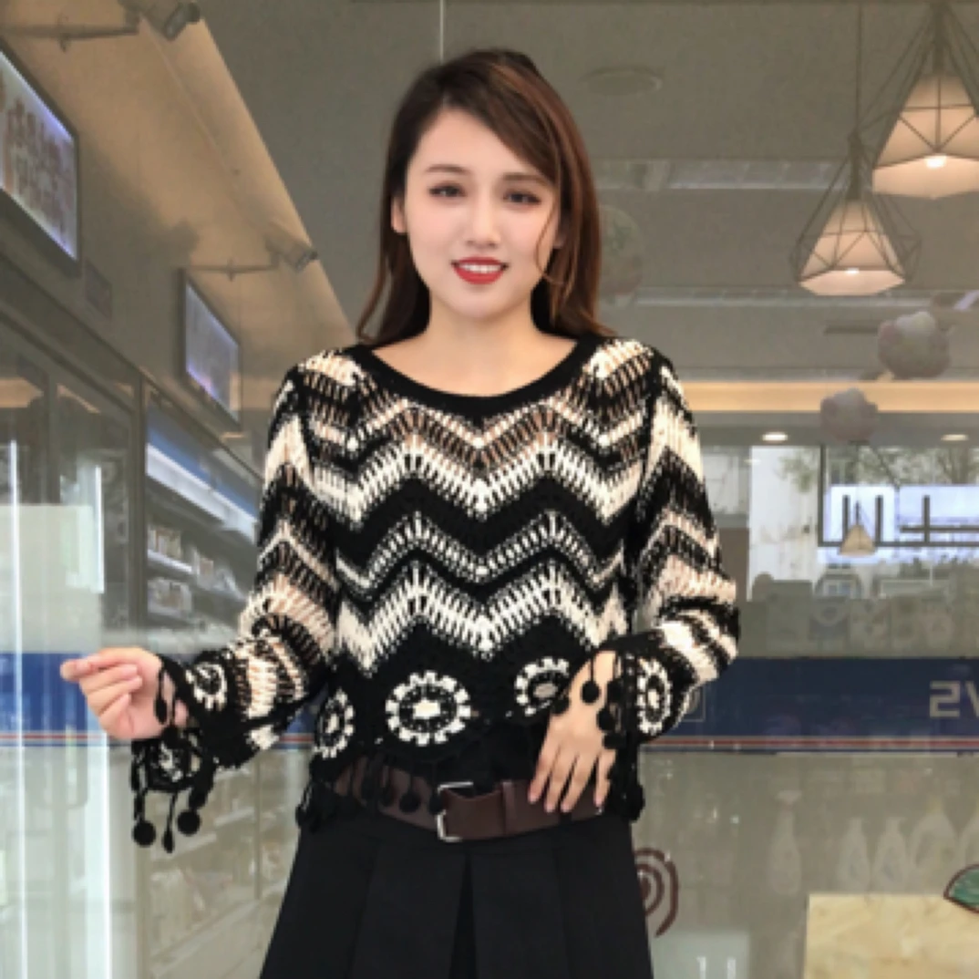 网织钩花镂空波西米亚流苏条纹针织上衣女短款秋冰丝薄款防晒罩衫