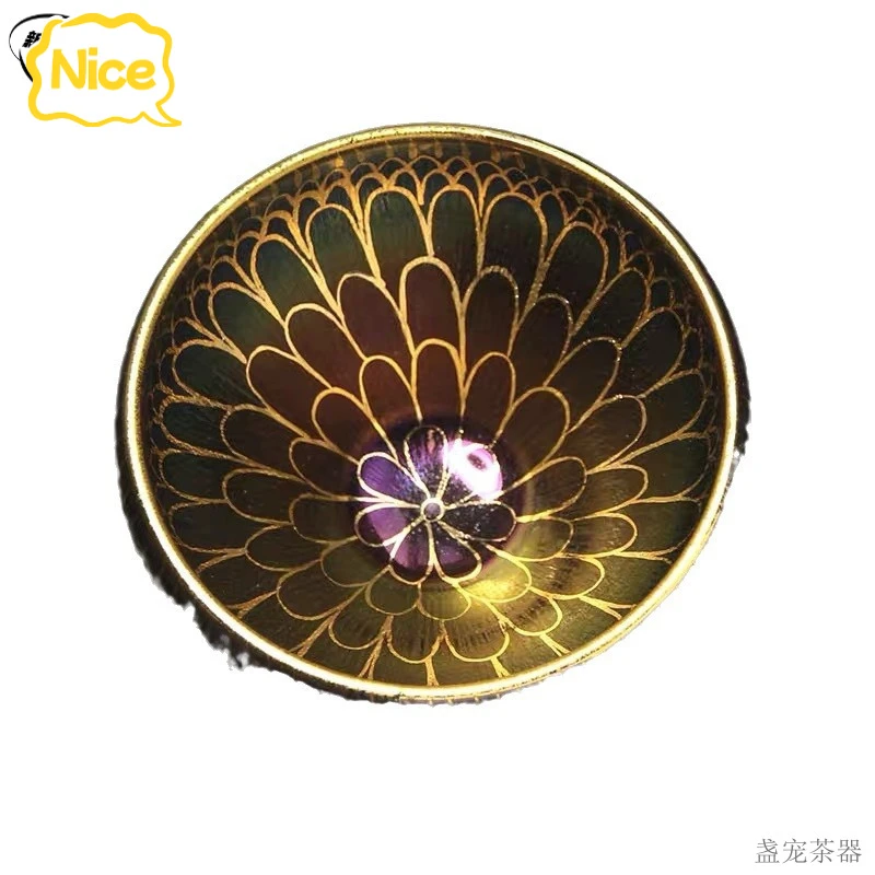 新人特惠建阳建盏手工绘制金盏莲花彩绘铁胎钵碗形曜变工艺精美茶