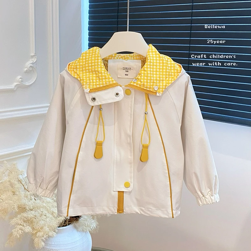 儿童新款秋季米黄色拼接外套女宝宝韩版休闲时尚百搭连帽外套童装