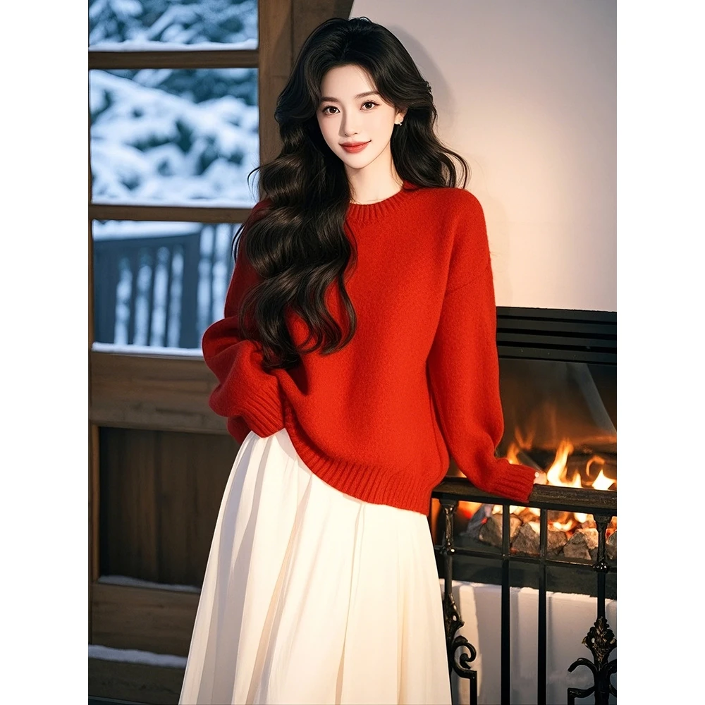 通勤新款超好看别致绝美毛衣气质高级感红色通勤针织上衣女冬小众