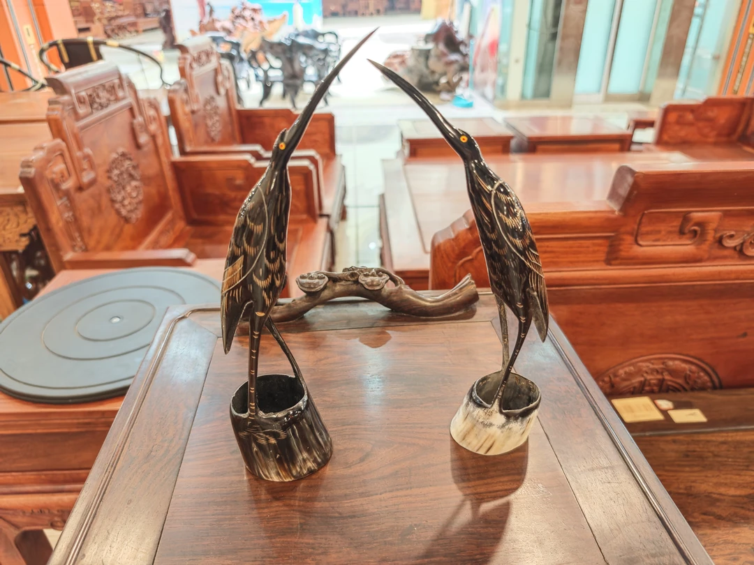 牛角仙鹤摆件创意手工家用中式摆设书房纯手工