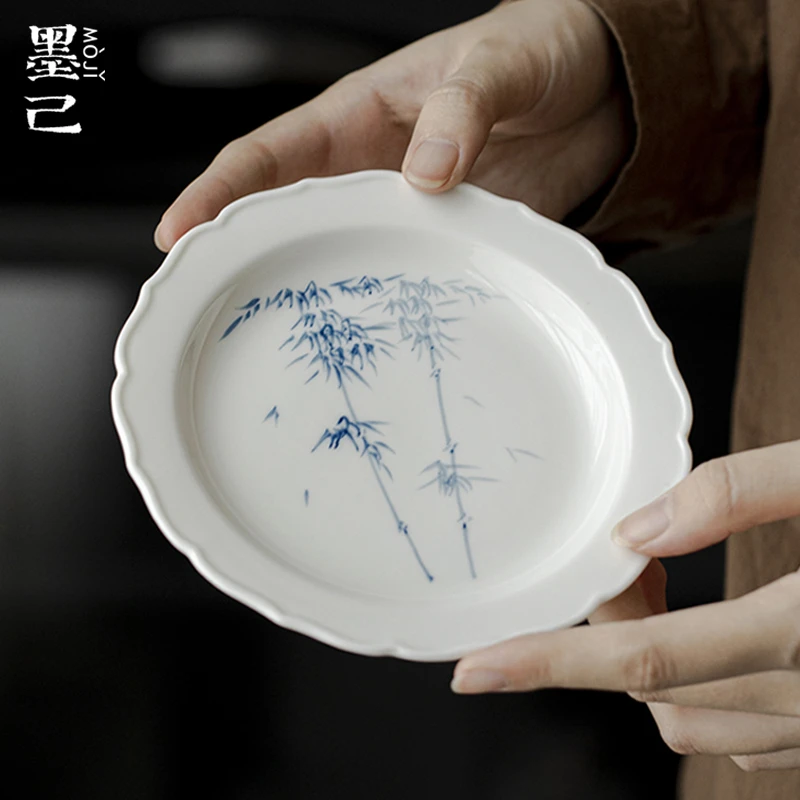 墨己花口陶瓷壶承功夫茶具配件手绘青花竹逸干泡盘多用茶点盘圆盘