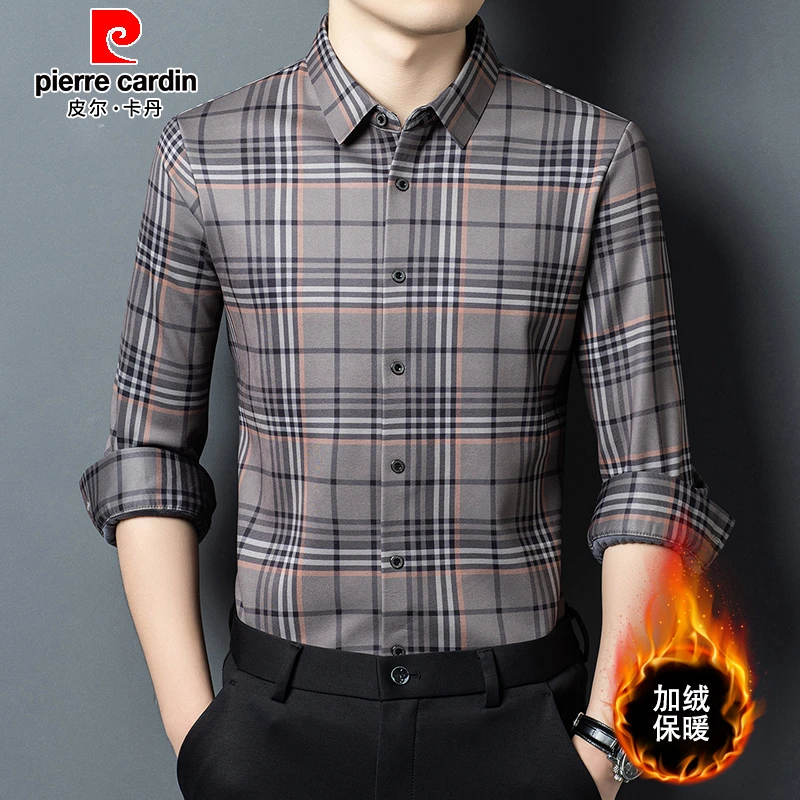 皮尔卡丹格纹长袖衬衫男士秋冬季加绒加厚保暖时尚高级感休闲衬衣