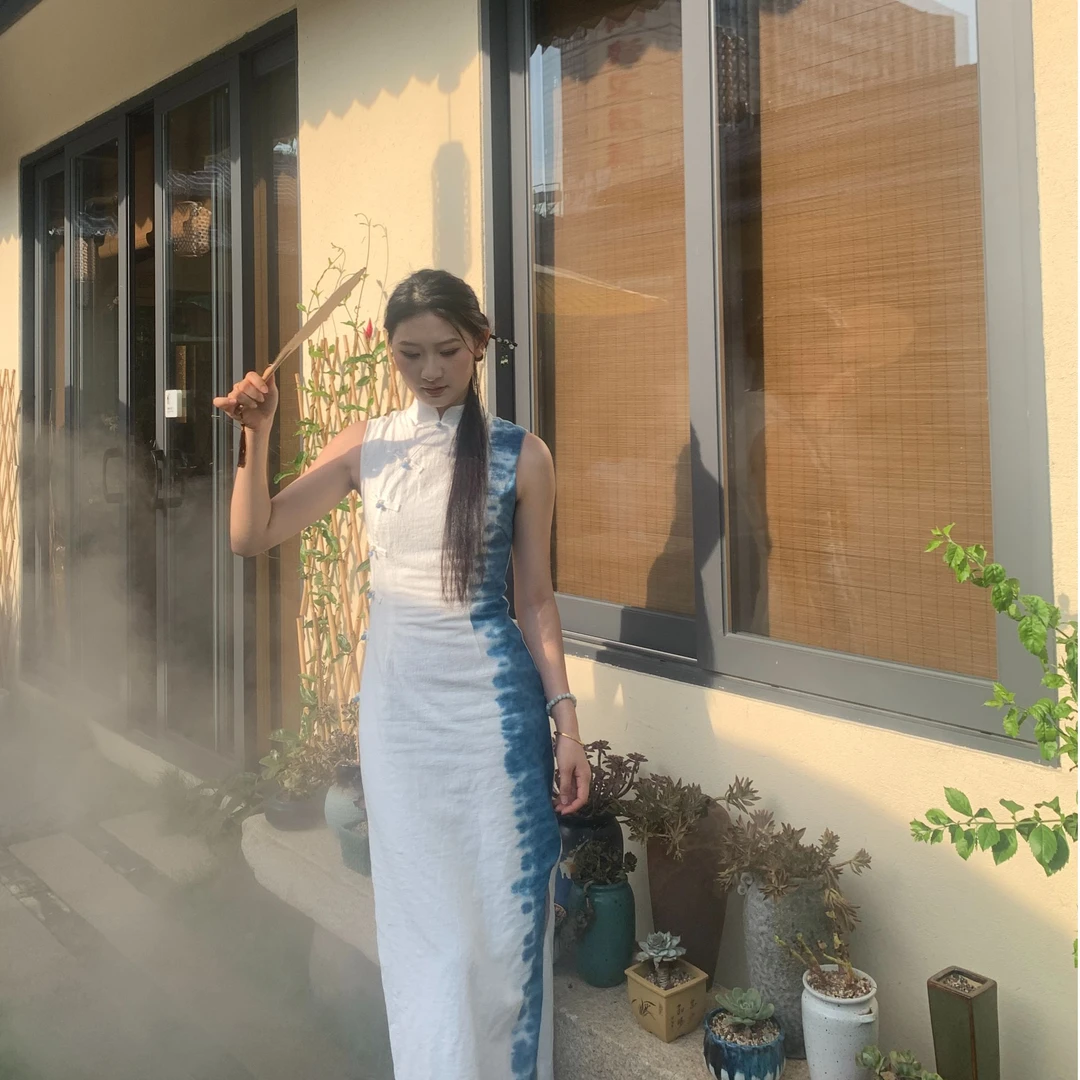 白羊mini自制新中式扎染改良旗袍女夏复古收腰长裙连衣裙