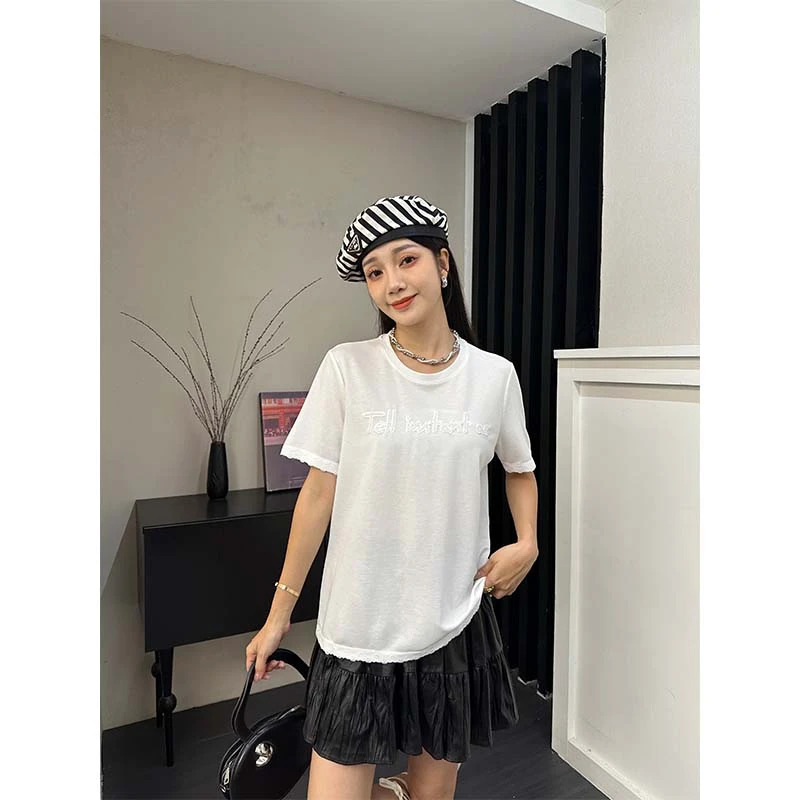 字母绣花蕾丝花边短袖T恤女夏季正肩休闲洋气减龄独特超好看上衣