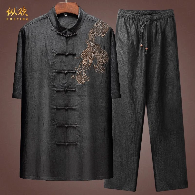 纵欢香云纱男装潮流唐装男士短袖套装桑蚕丝茶服新中式夏装