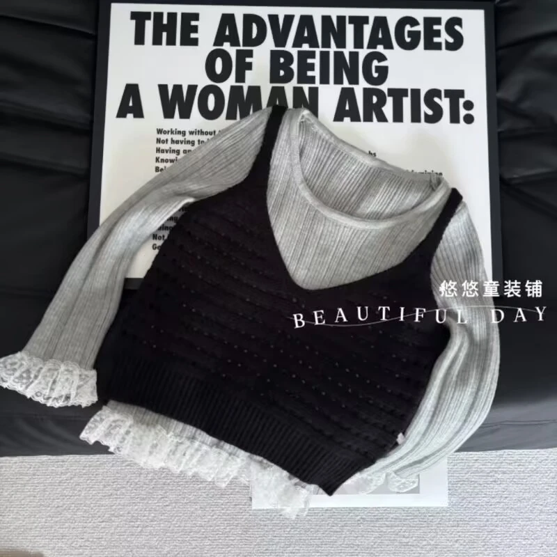 【现货】女童秋季新款针织套装洋气蕾丝花边打底毛衣针织吊带两件套