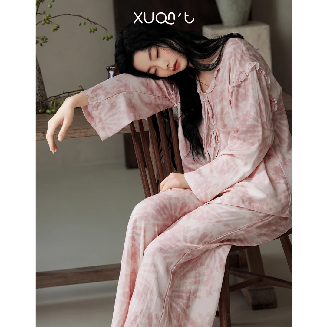轩之婷秋季睡衣女款梭织棉长袖宽松阔腿长裤薄款轻奢家居服春秋款