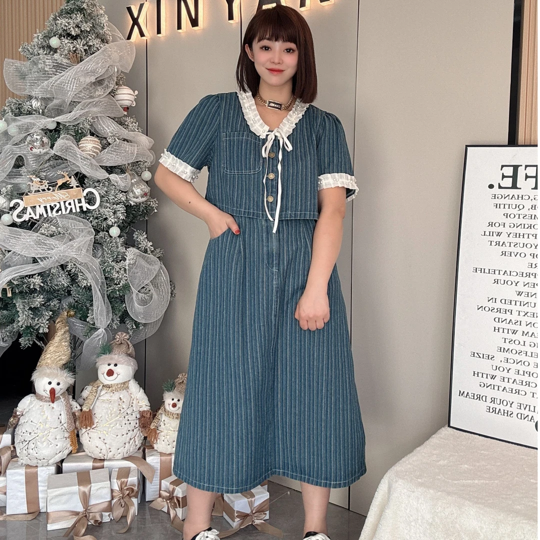 【鑫焱甄选】2025新款假两件撞色拼接花边牛仔连衣裙折胯显瘦气质