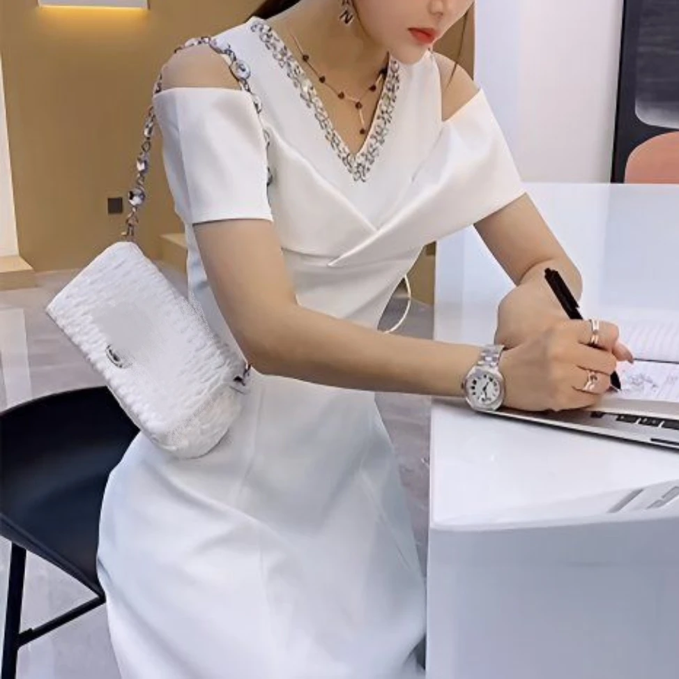 气质露肩烫钻连衣裙网红爆款炸街裙女装