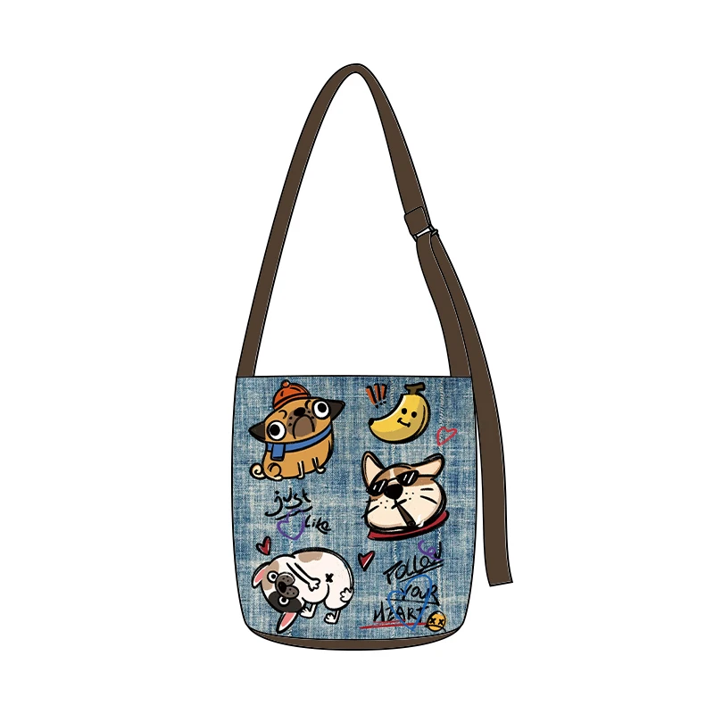 艺术鸭设计师原创牛仔汪汪队椭圆底飘带水桶包百搭单肩小众包包