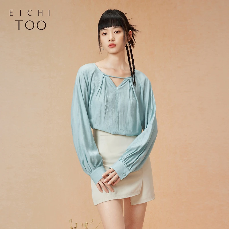 A爱居兔轻薄长袖衬衫女装v领雪纺衫时尚罩衫ENSAJ3P001A