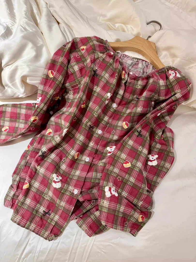 【DMXJ大梦想家】韩版甜美卡通小熊格纹圆领睡衣女春季宽松家居服