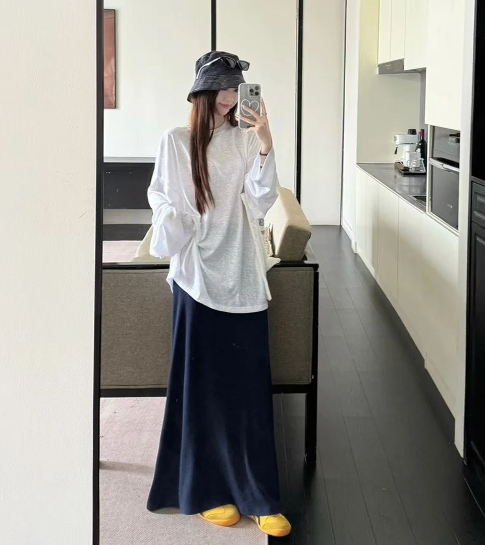 19072夏季新款韩系简约慵懒风纯色薄款长袖T恤上衣休闲半身裙套装