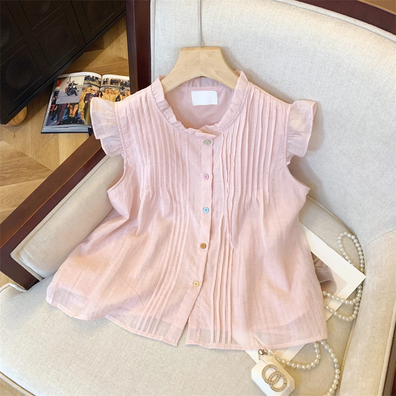 专柜撤回剪标法式荷叶边飞飞袖衬衫女夏季新款粉色单排扣甜美上衣