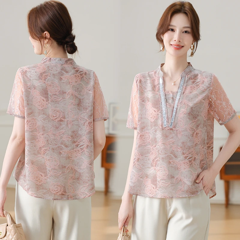 2025洋气妈妈夏装短袖套装中老年女高贵洋气小衫阔腿裤两件套