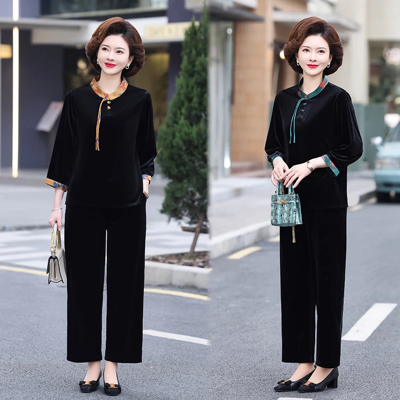俞兆林妈妈中袖上衣洋气中老年人仿金丝绒运动服套装中年女春秋大