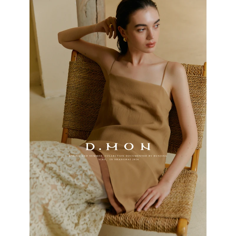 DMON|重磅多层_12姆米横桥纹100真丝拼接蕾丝吊带裙