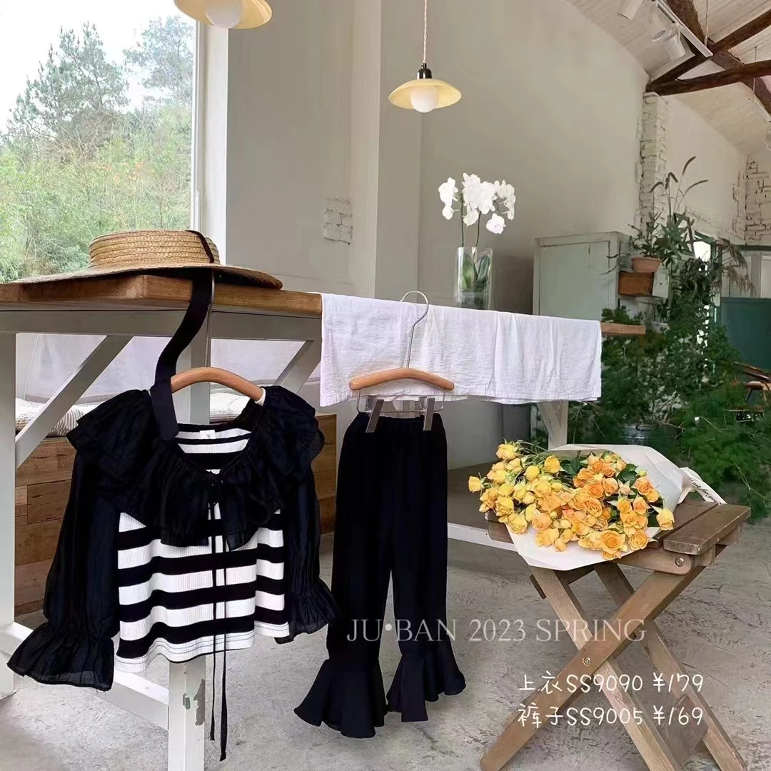 赫本风宽条上衣+裤子