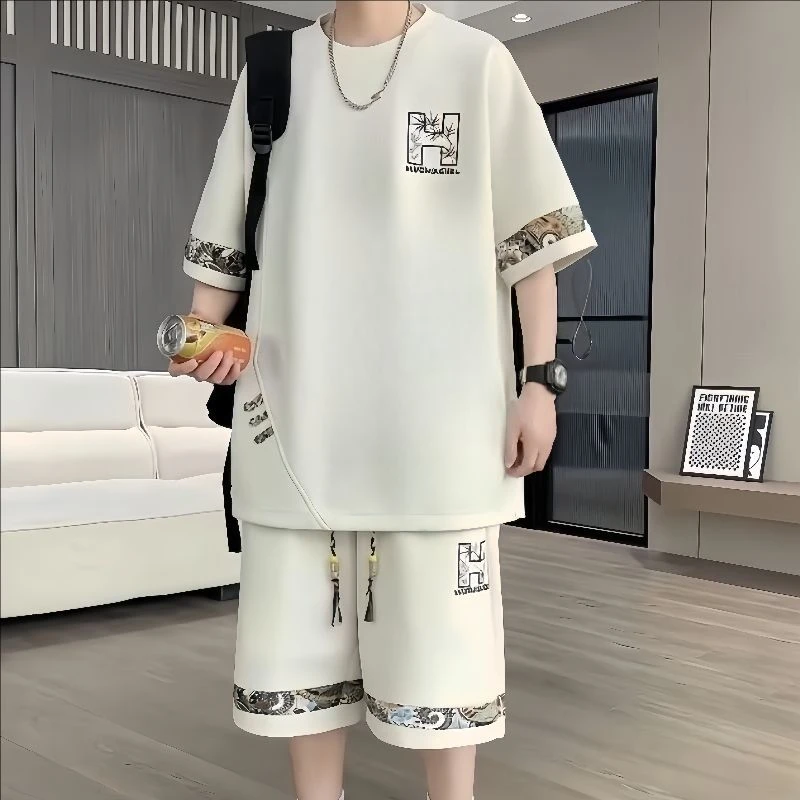 休闲套装男士2025年夏季新款中国风时尚圆领短袖T恤短裤两件套潮